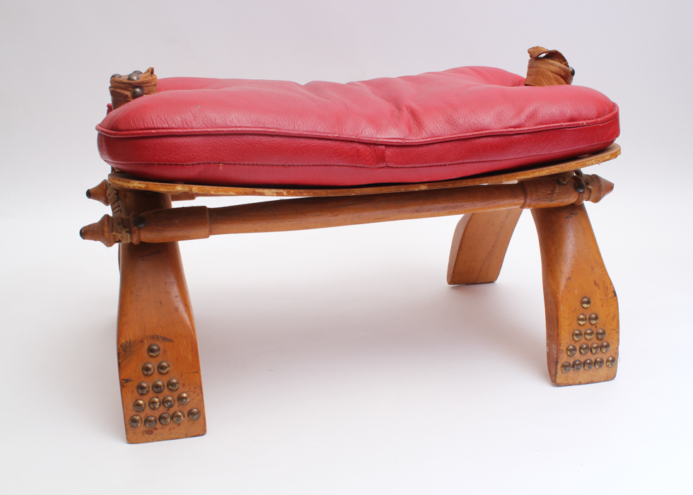Vintage Camel Saddle Footstool with Red Leather Cushion EBTH