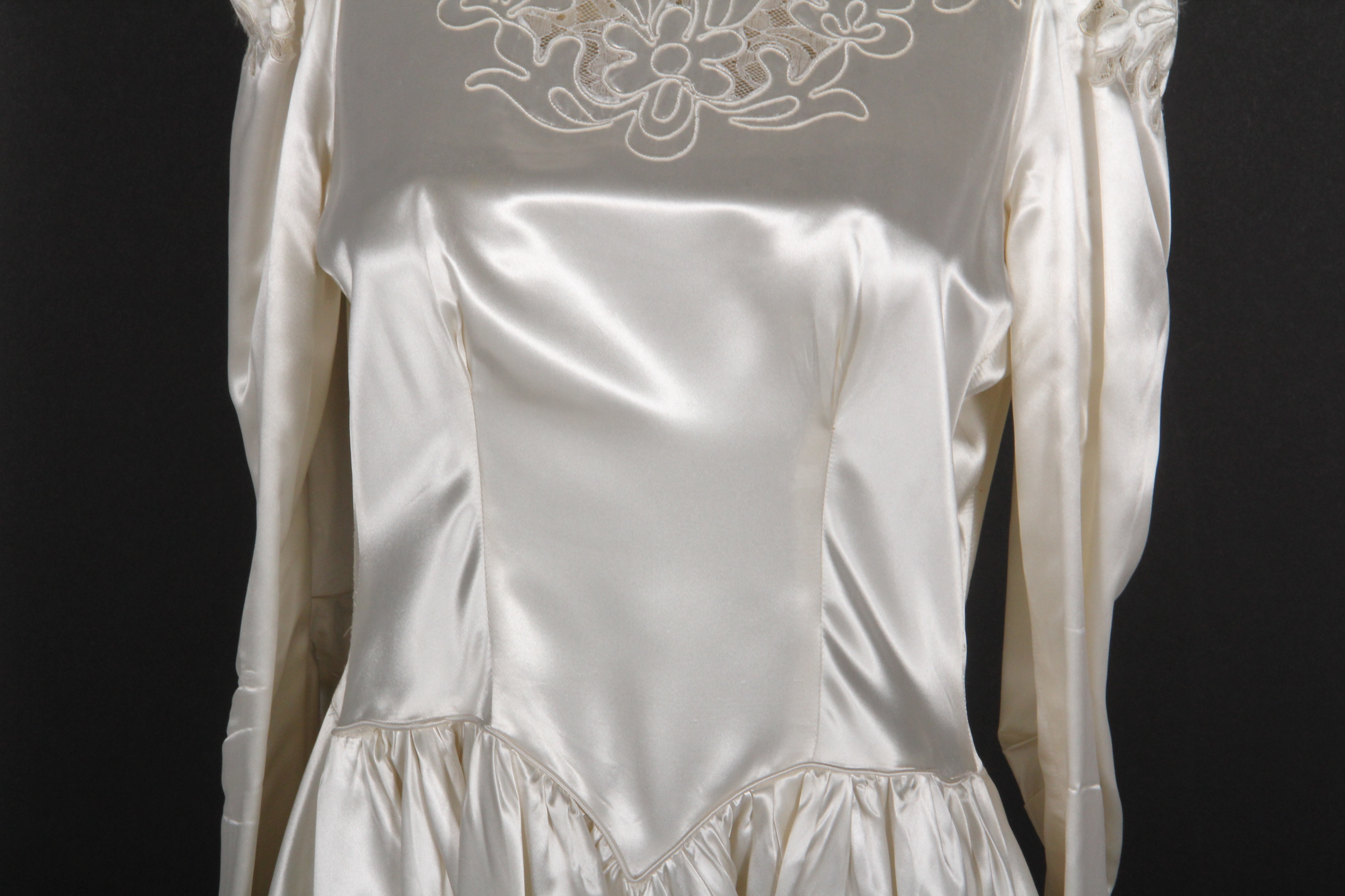 60's Ivory Satin Wedding Dress with Lace Trim and Flower Appliqué by Alfred Angelo Original