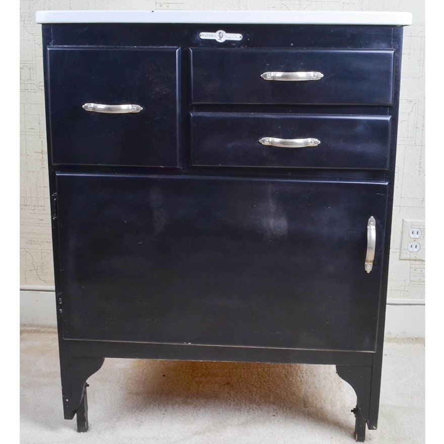 Vintage Enamel Top Wood Kitchen Cabinet 3 Drawer Shabby White