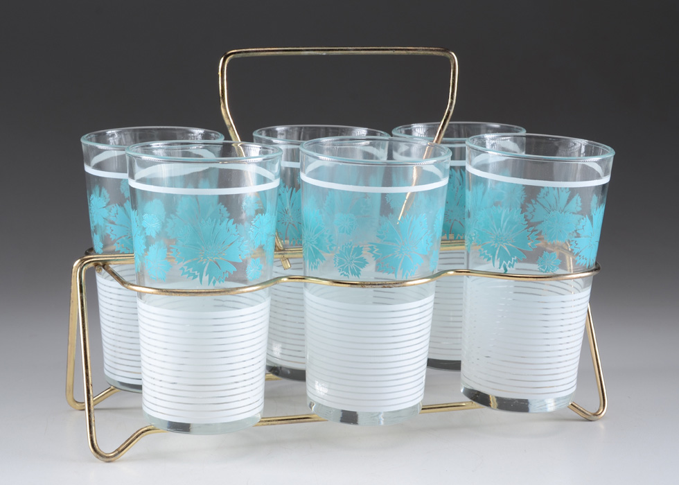 MidCentury Modern Glass Set in Holder EBTH