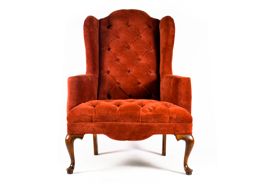 Queen Anne Wingback Chair with Brick Red Velvet Upholstery EBTH