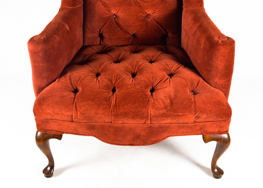 Queen Anne Wingback Chair with Brick Red Velvet Upholstery ...