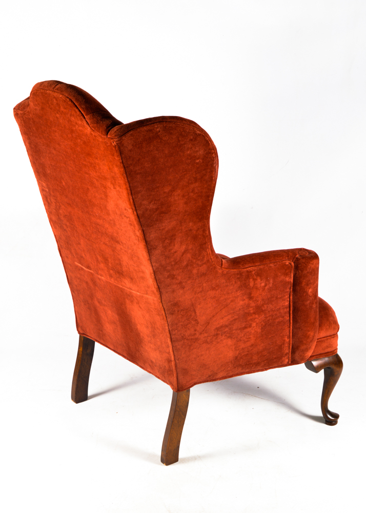 Queen Anne Wingback Chair with Brick Red Velvet Upholstery | EBTH
