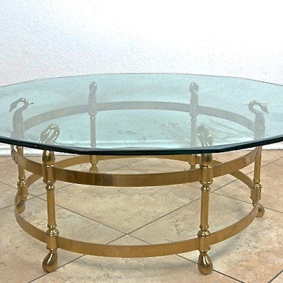 Online Furniture Auctions Vintage Furniture Auction Antique LaBarge Glass Top Cocktail Table with Brass Swan Base - Online Furniture Auctions Vintage Furniture Auction Antique