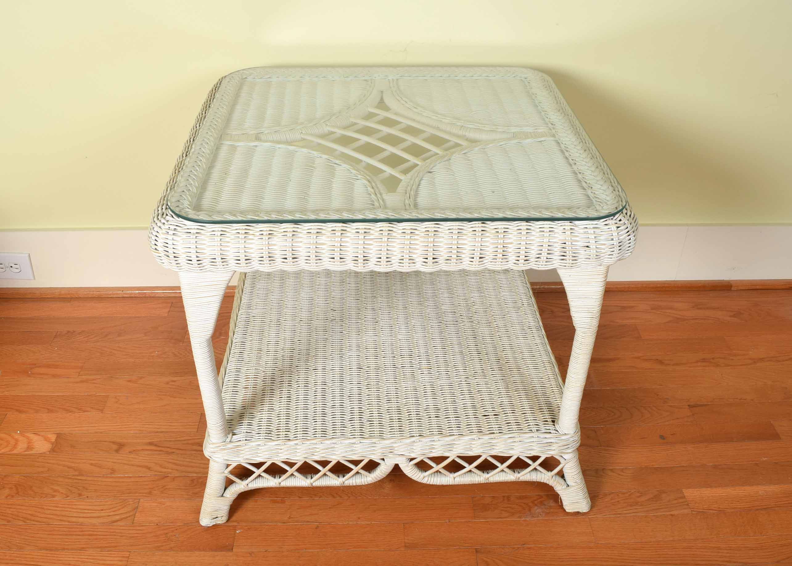 White Wicker and Glass Side Table EBTH