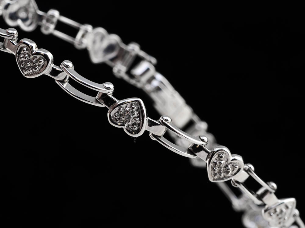 10K White Gold Heart Shaped Diamond Bracelet EBTH