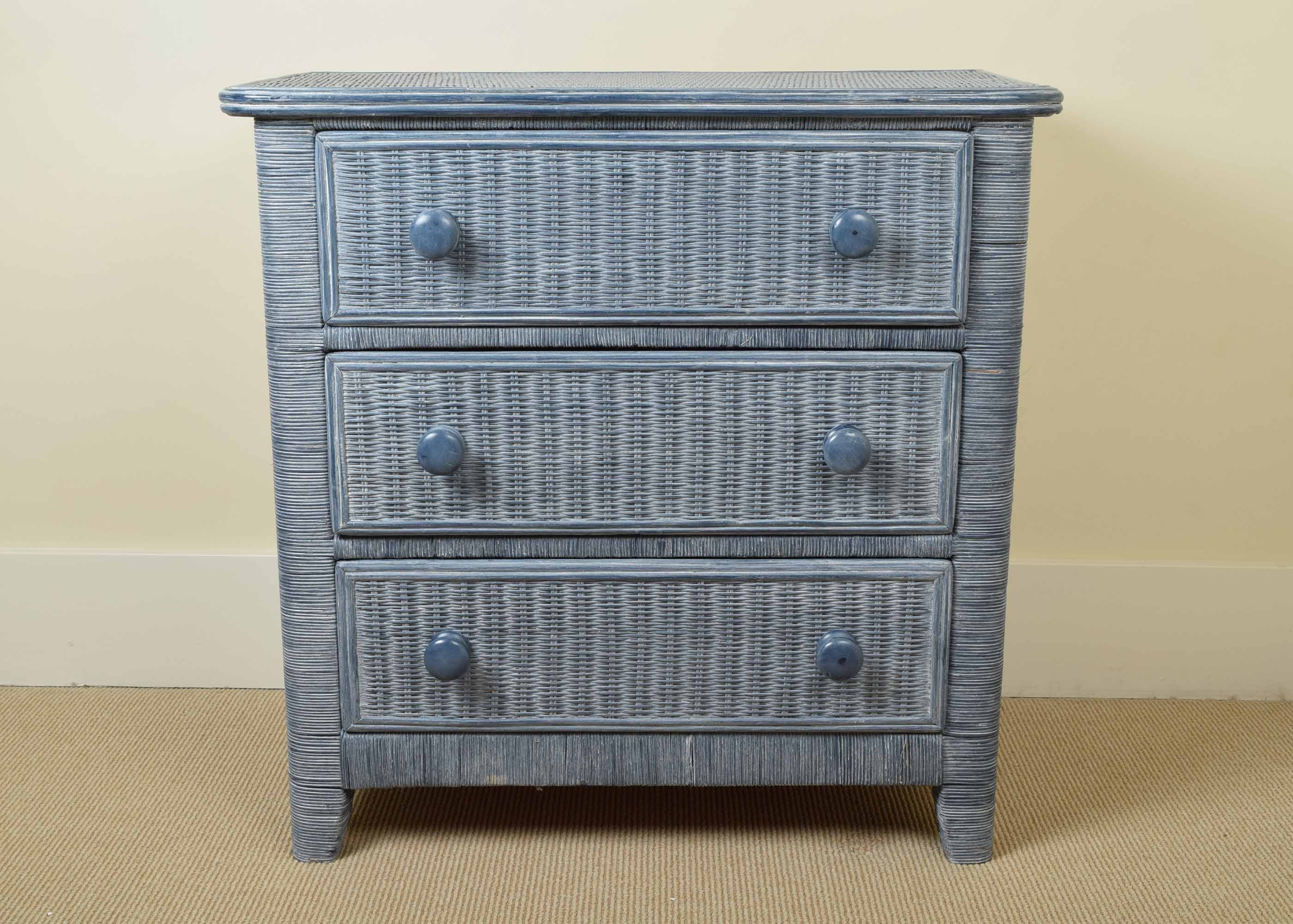 Blue Painted Wicker Three Drawer Dresser Ebth