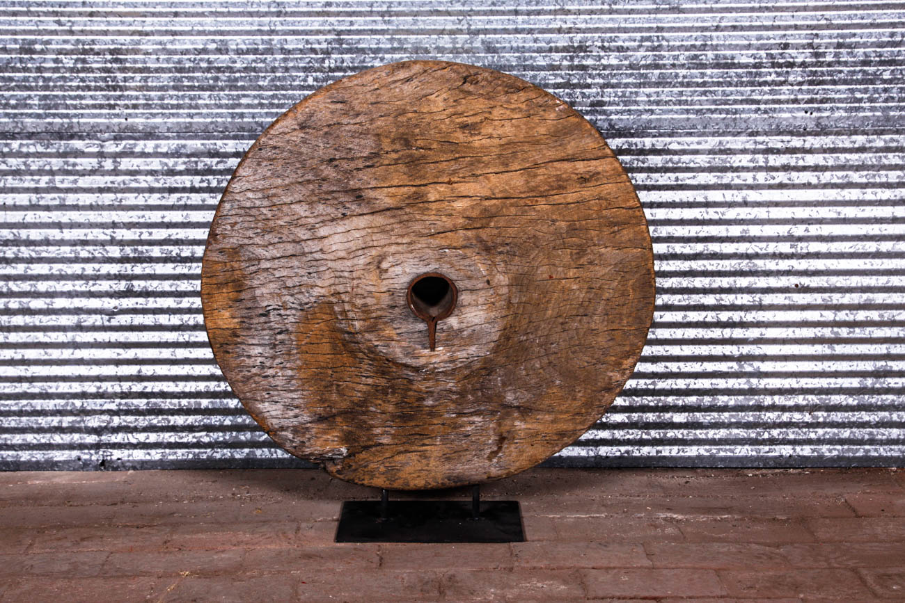 Antique Solid Wood Cart Wheel on Metal Stand EBTH