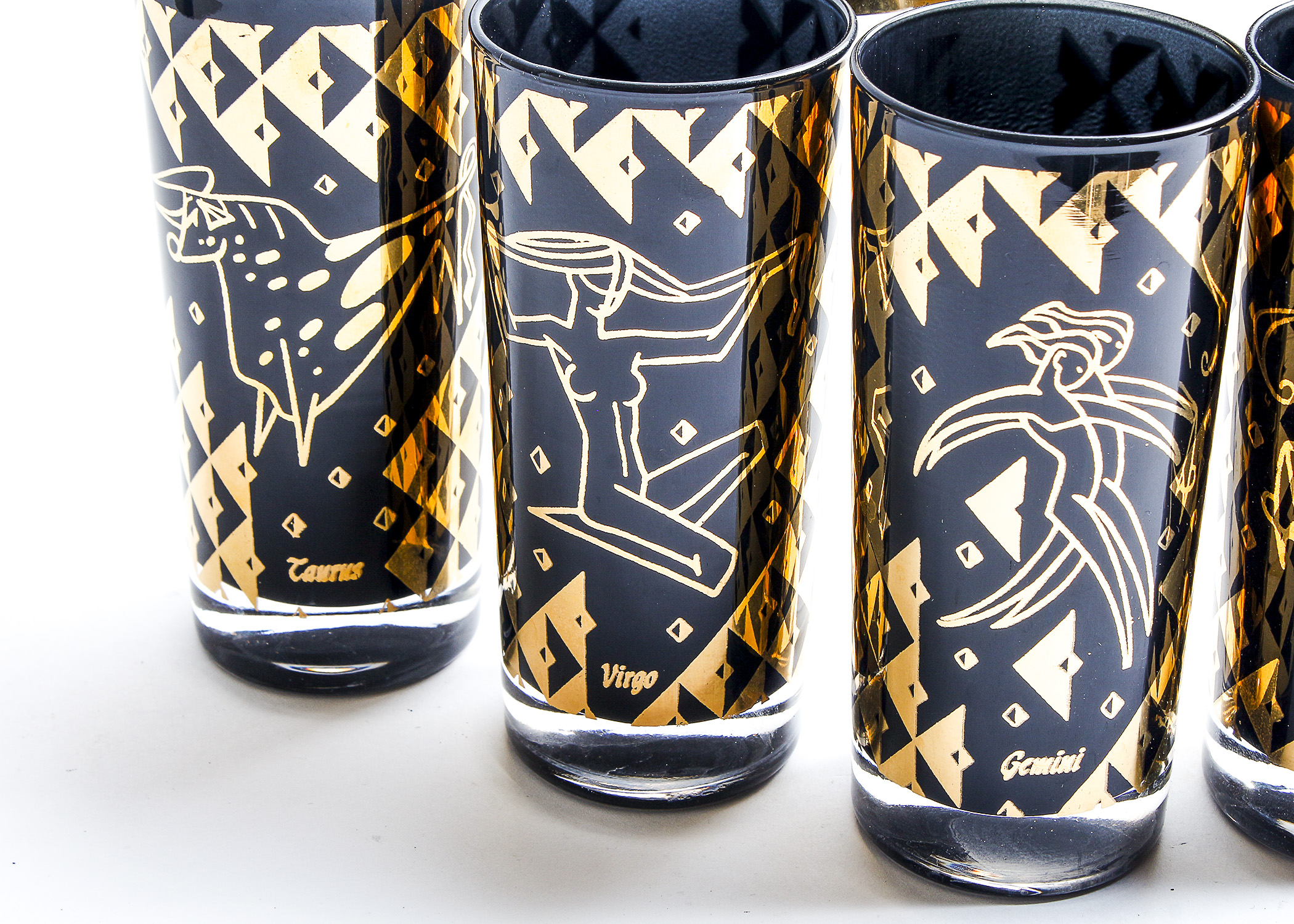 Fred Press Black and Gold Zodiac Glass Set with Matching Tray EBTH