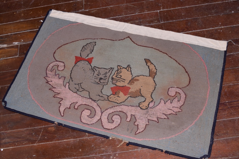 Antique Hooked Rug Featuring Two Playful Tabby Cats | EBTH