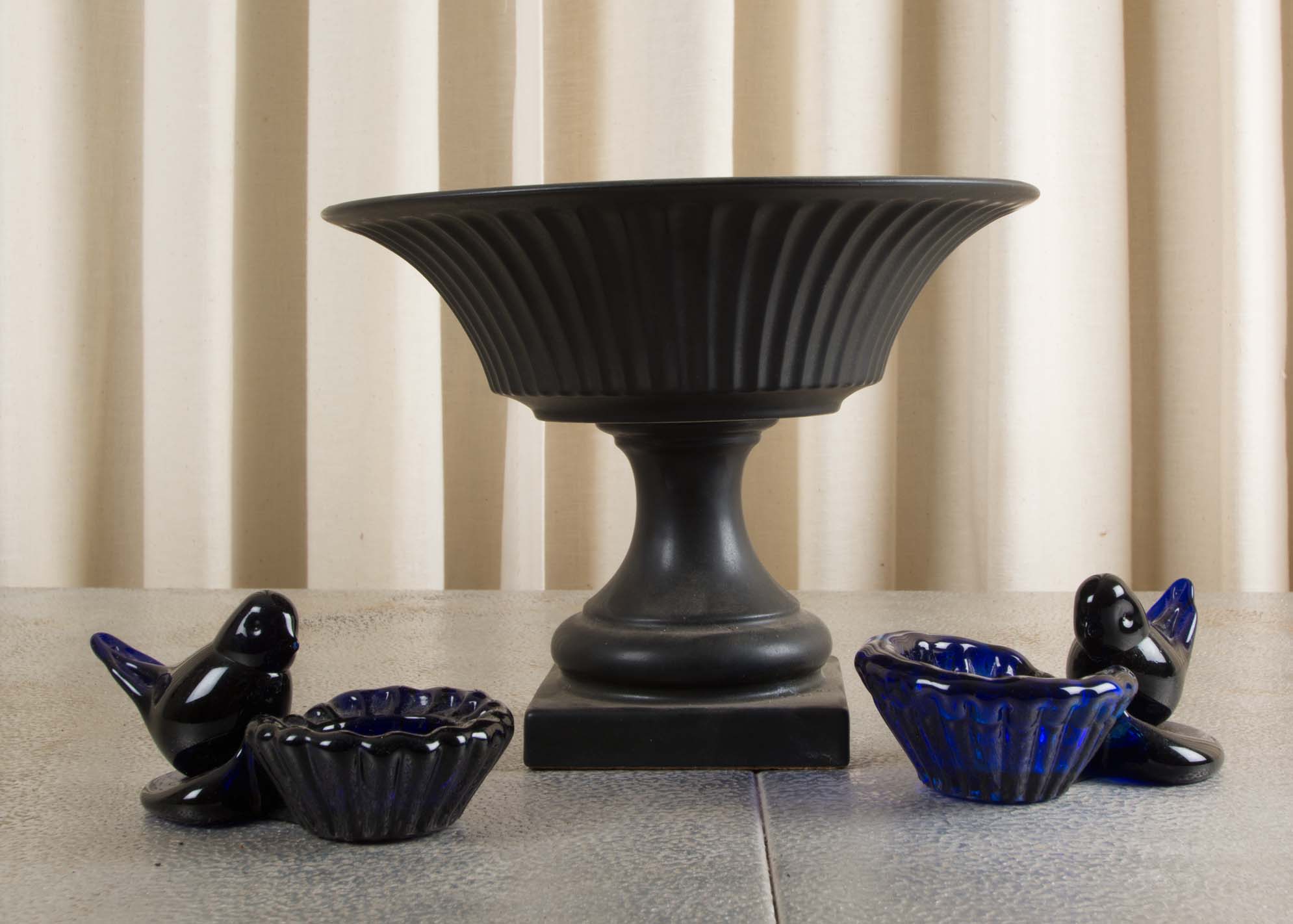 Hyalyn Pottery Pedestal Bowl With Pair Of Glass Of Blue Bird