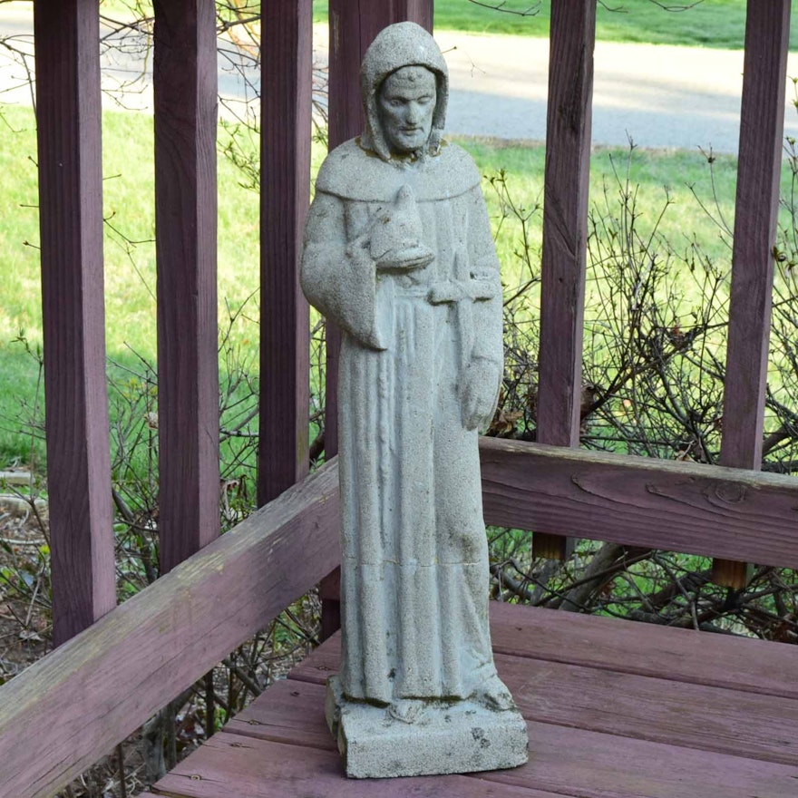 Vintage Concrete Hooded St Francis Of Assisi Garden Lawn Statue