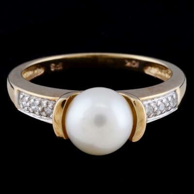 10K Yellow Gold Pearl and Diamond Ring 10K Yellow Gold Pearl and Diamond Ring