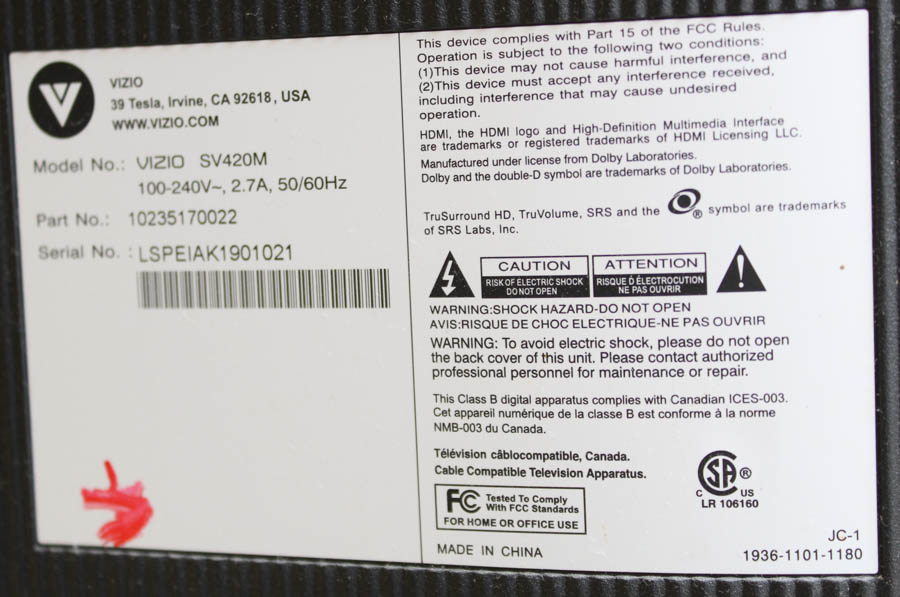 Vizio 42" Flat Screen Television, Model SV420M EBTH