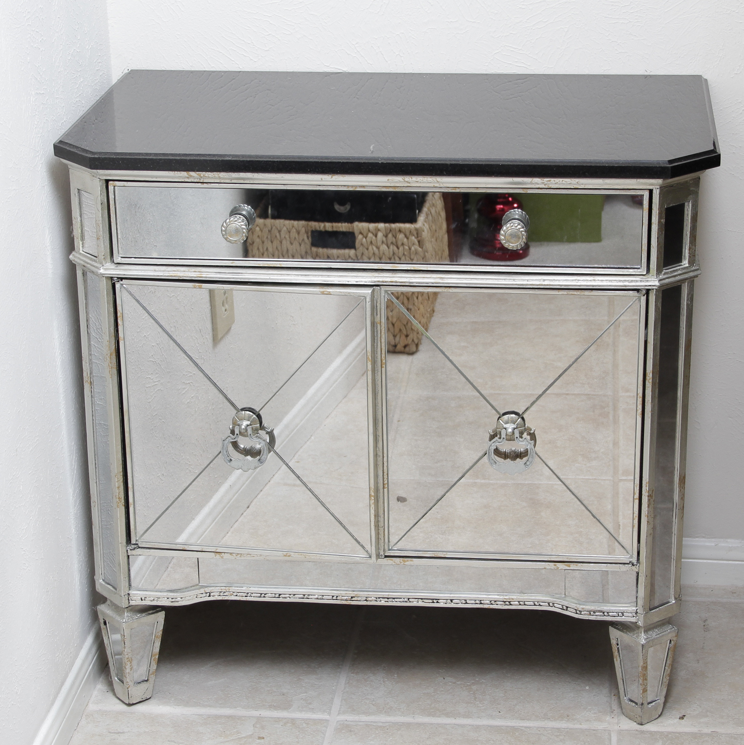 Mirrored Nightstand With Black Granite Top Ebth