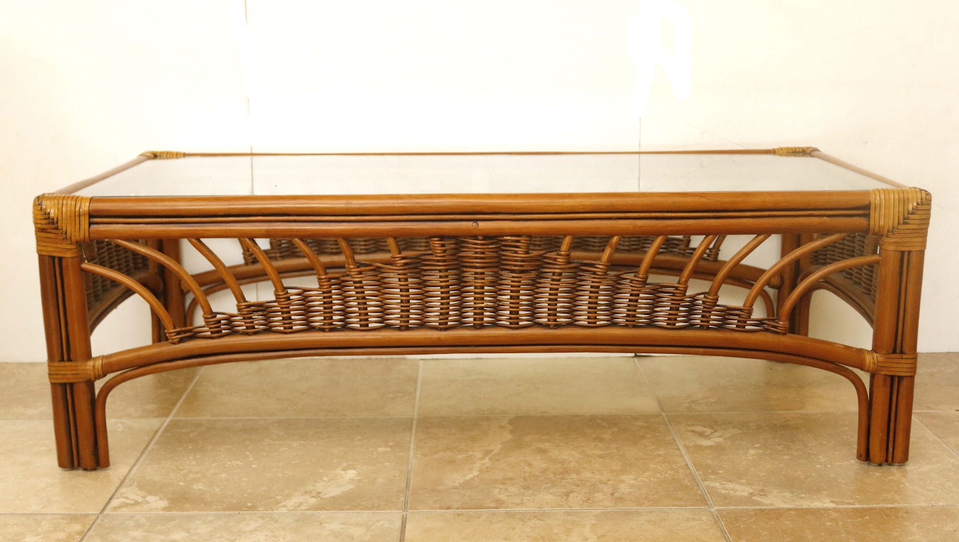 Leader's Bamboo and Rattan Wicker-Woven Glass Top Coffee Table | EBTH