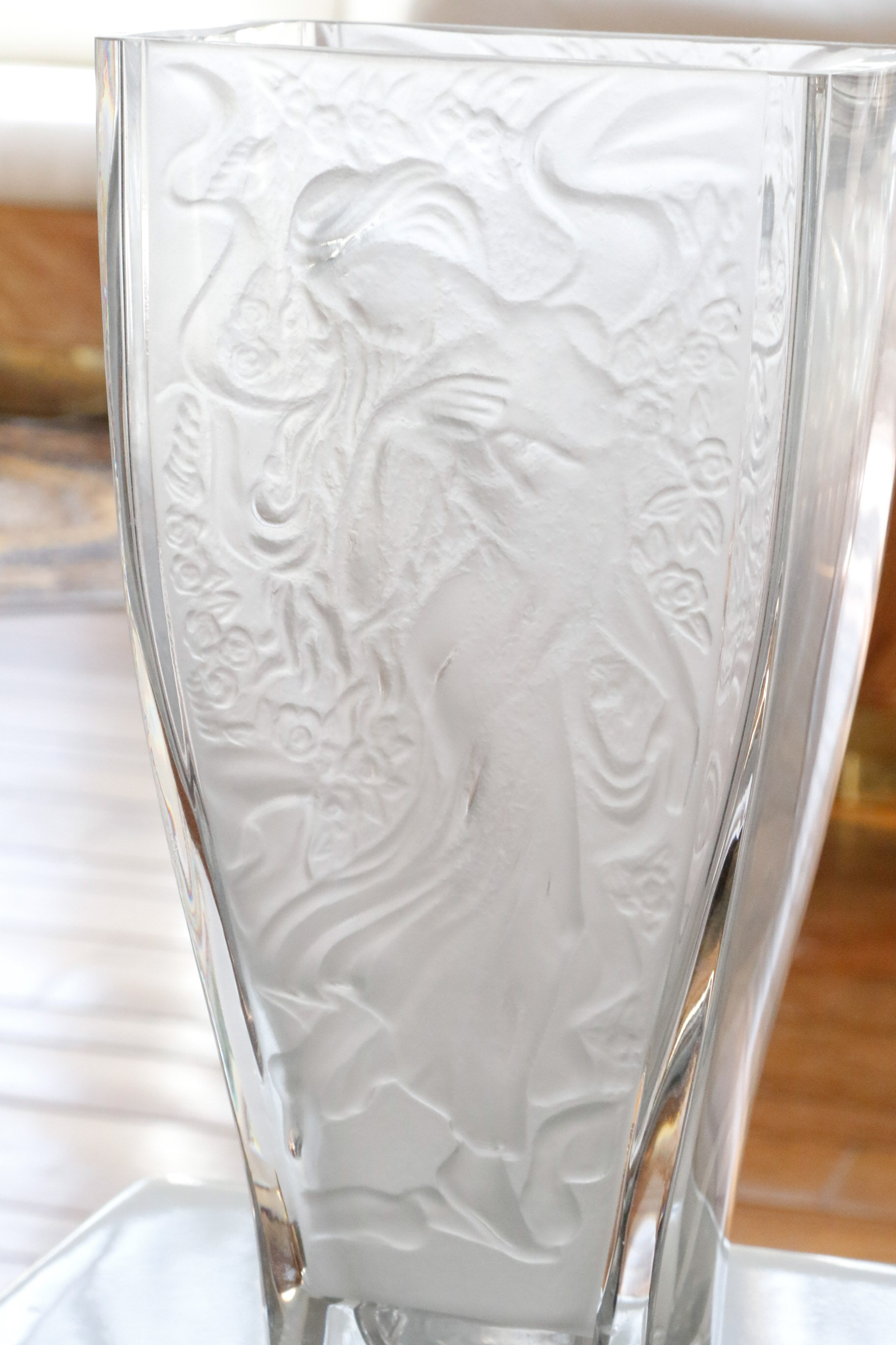 Statuesque Lalique Style Figural Glass Vase EBTH