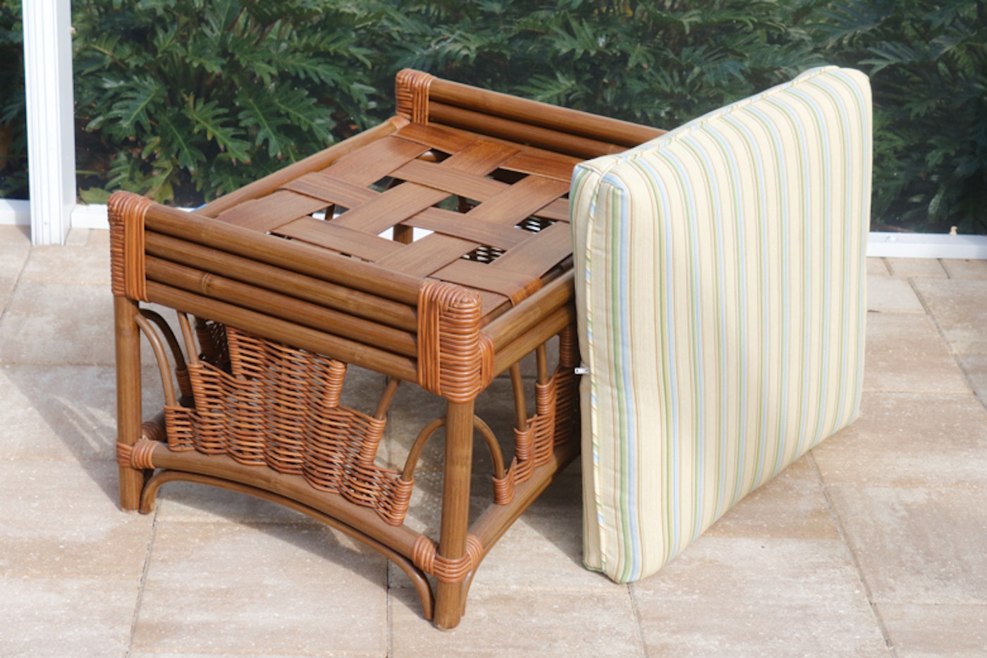 Leaders Rattan and Bamboo Armchair & Ottoman with Striped ...