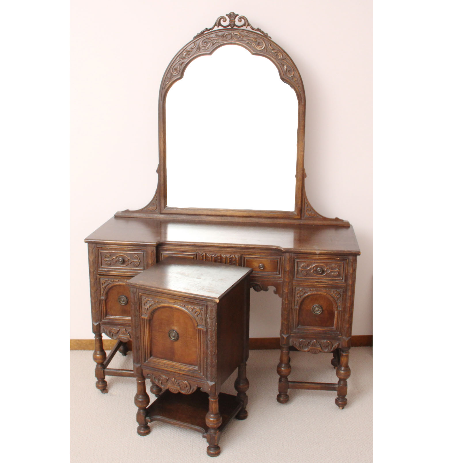 Jacobean Oak Vanity and Bedside Table EBTH