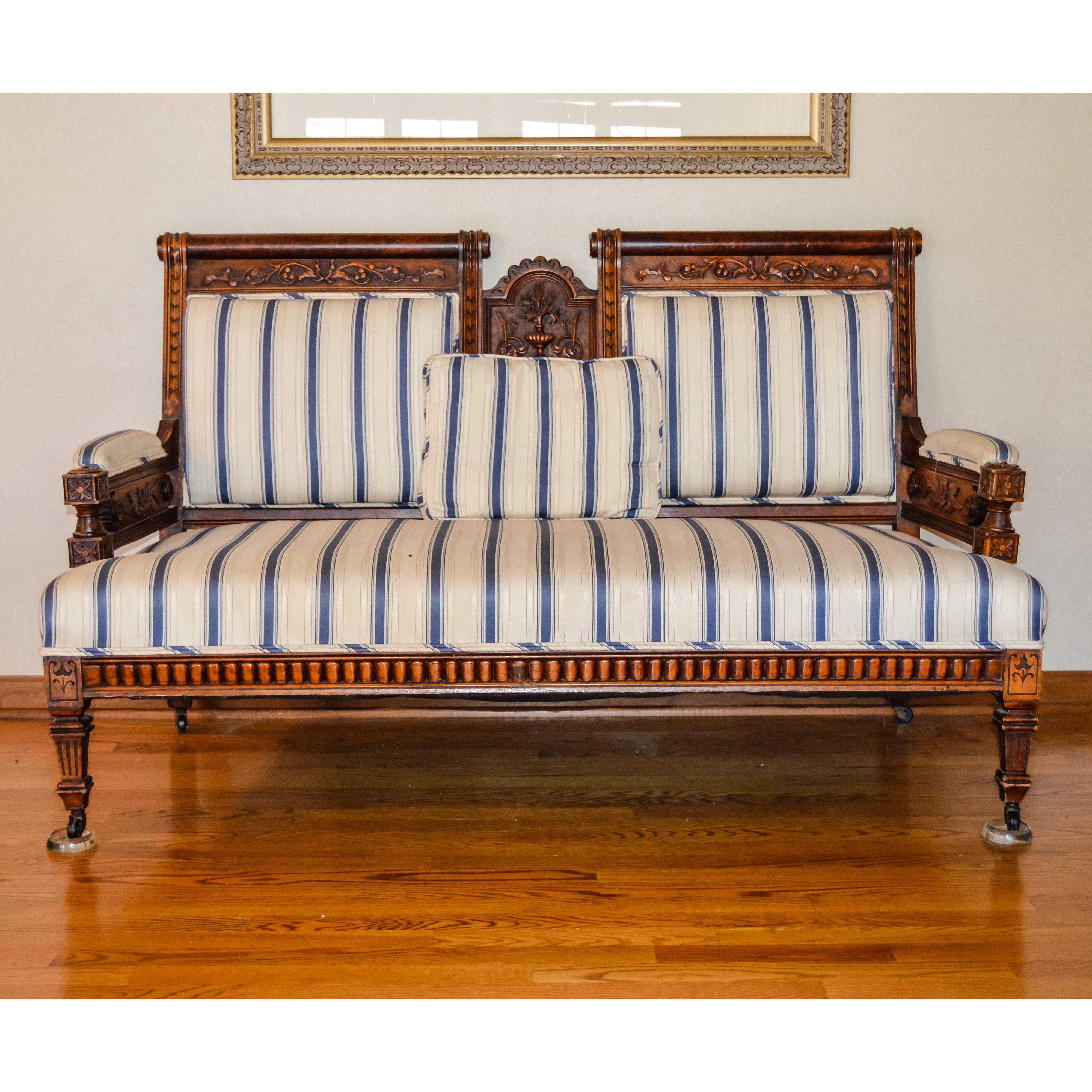 Antique Eastlake Settee in Cream and Blue Stripes EBTH