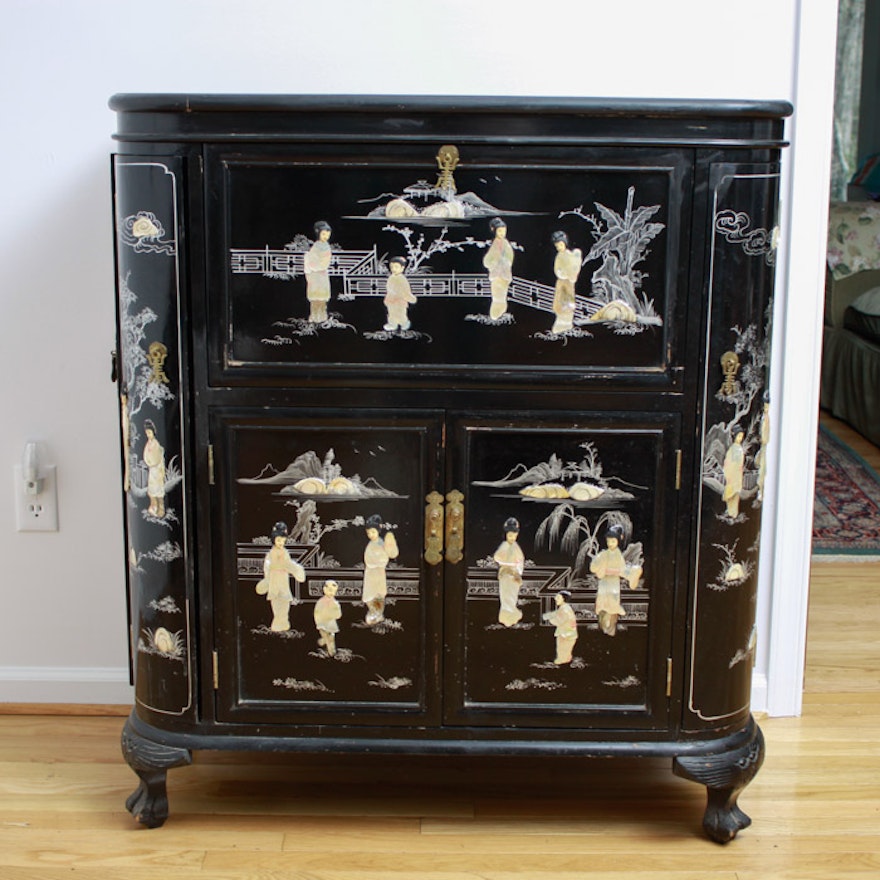 Chinese Black Lacquer Bar Cabinet Ebth Chinese Black Lacquer Bar Cabinet
