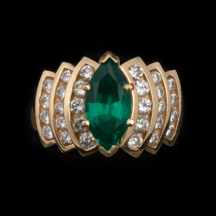 14K Yellow Gold Lab Created Emerald and Natural Diamond Ring EBTH