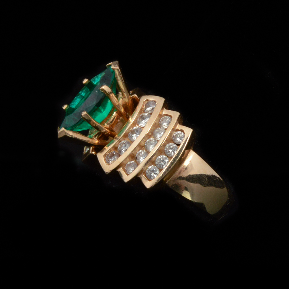 14K Yellow Gold Lab Created Emerald and Natural Diamond Ring EBTH