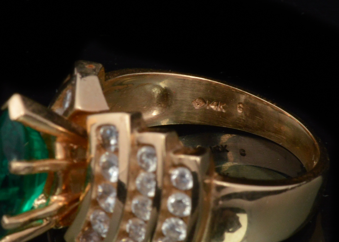 14K Yellow Gold Lab Created Emerald and Natural Diamond Ring EBTH