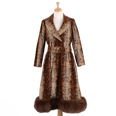 Women's 1970s Snake Print Velveteen Dress with Sable Fur Trim Women's 1970s Snake Print Velveteen Dress with Sable Fur Trim