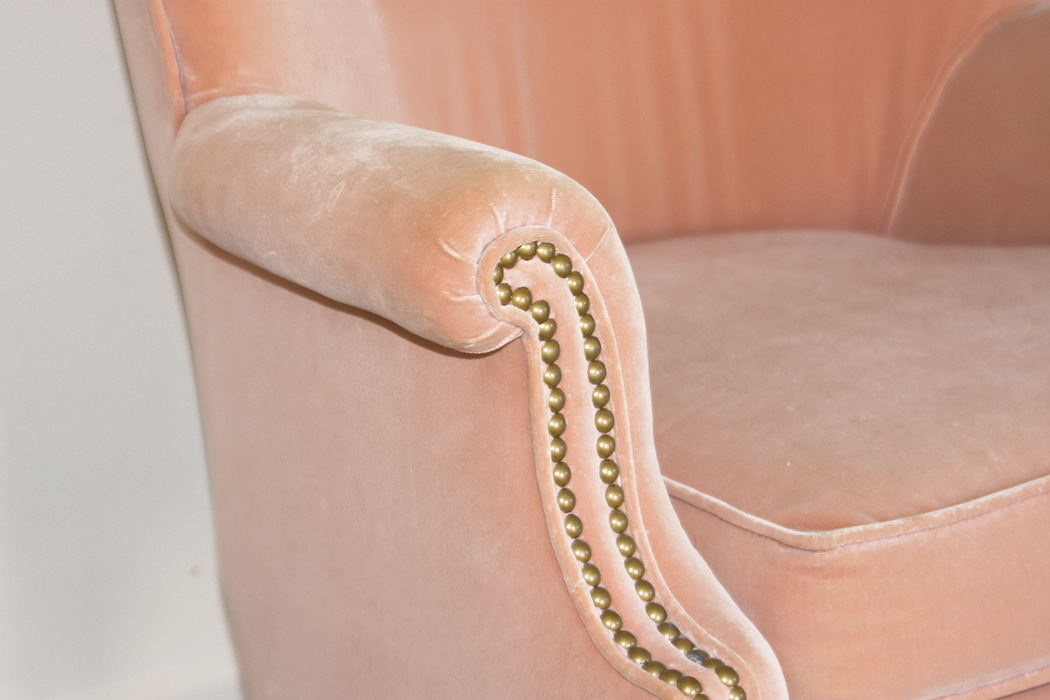 Pink Velvet Wingback Chair and Foot Stool EBTH