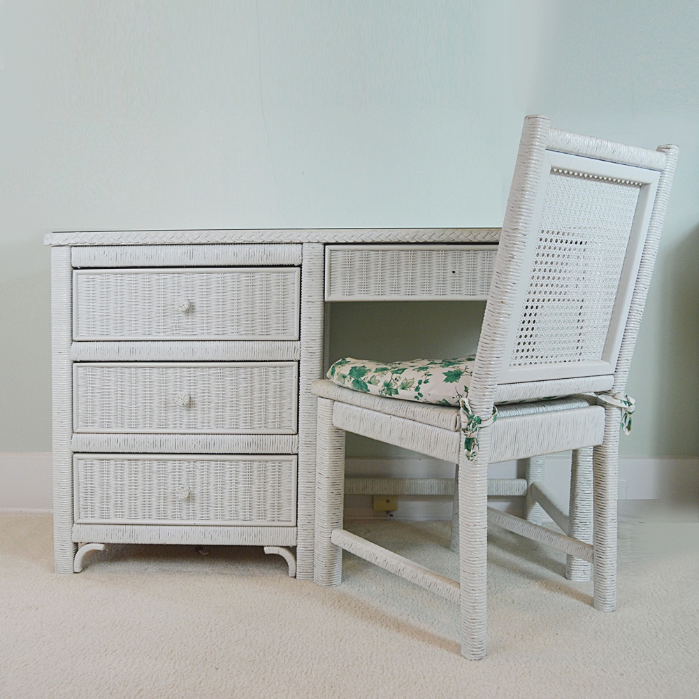 White Wicker Desk With Chair Ebth