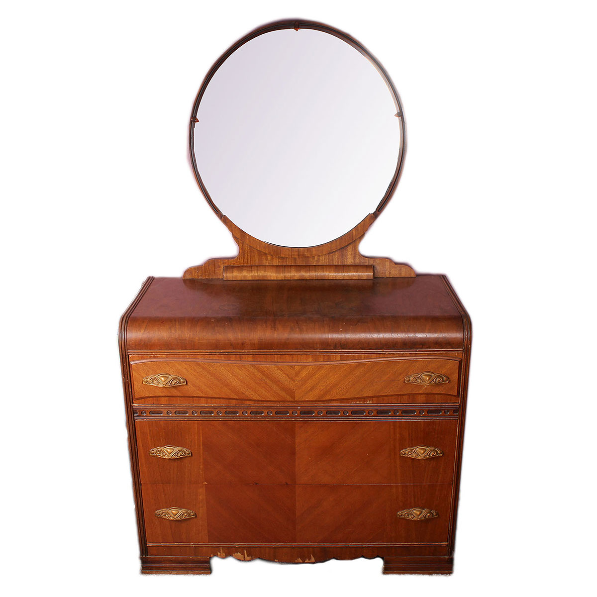 Art Deco Waterfall Chest Of Drawers With Circle Mirror Ebth