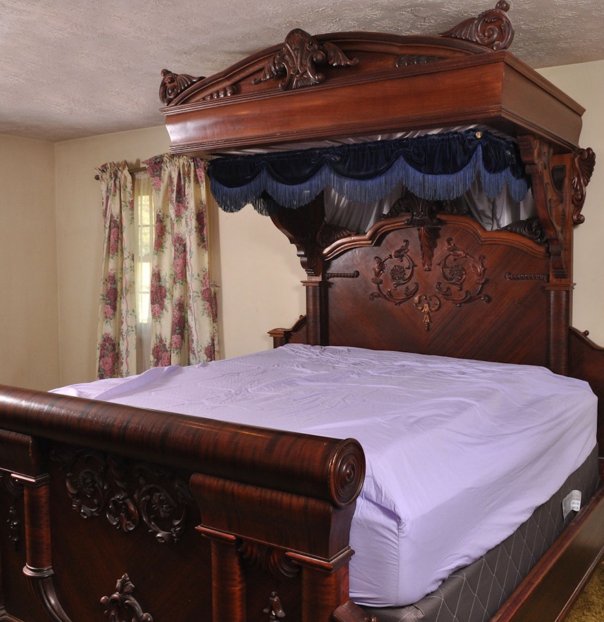 Antique Empire Mahogany Veneer King Size Canopy Bed : EBTH