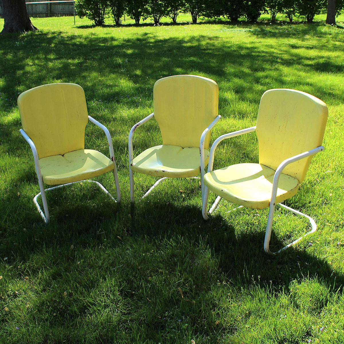 Three Vintage Yellow Metal Patio Chairs EBTH   IMG 6830 