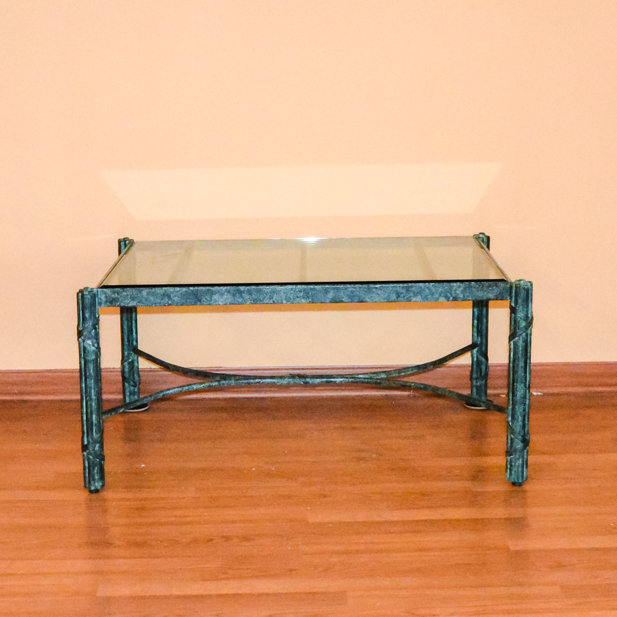 Daubed Green Cast Iron Glass Top Coffee Table EBTH