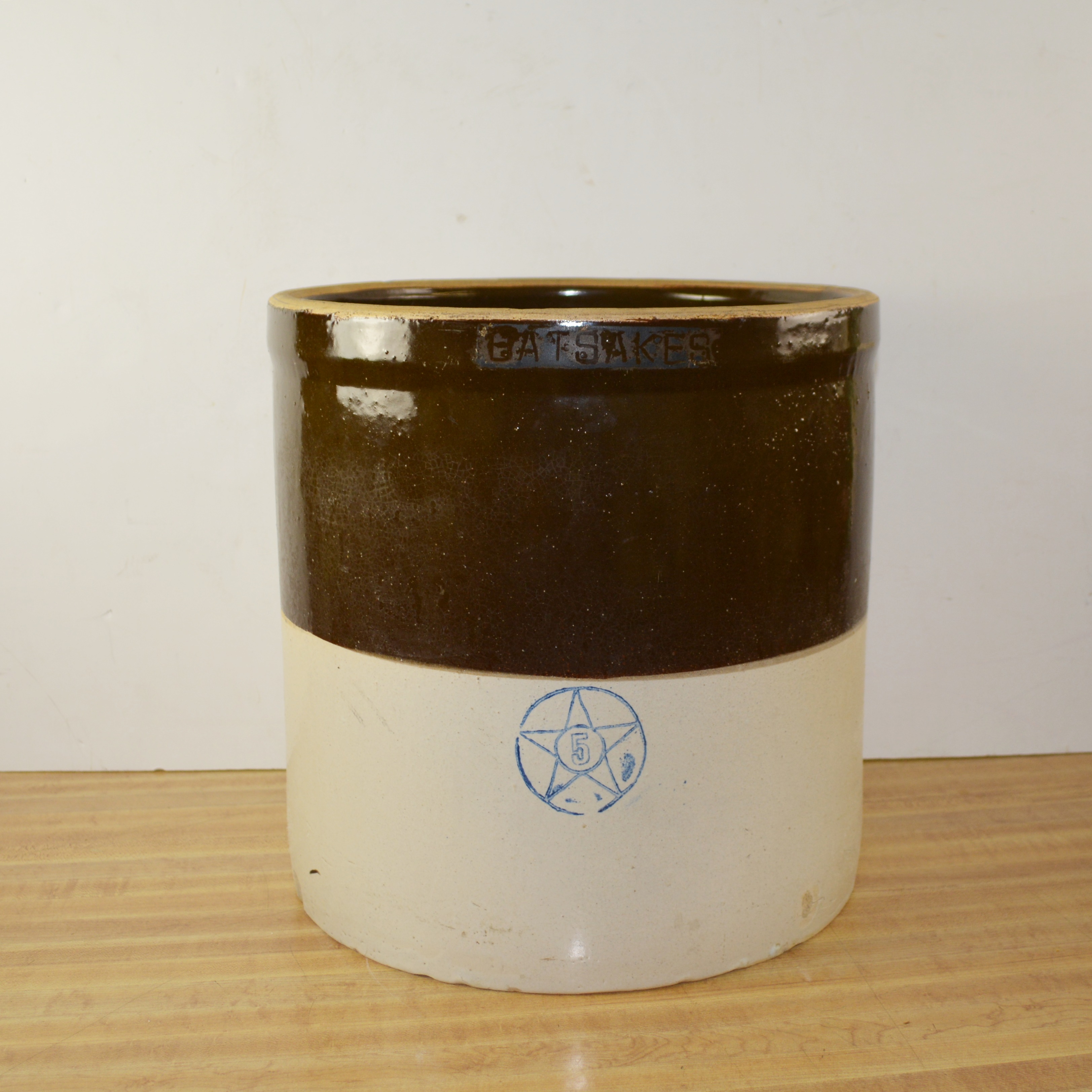 Vintage Five Gallon Stoneware Crock With Blue Western Circle Star Logo