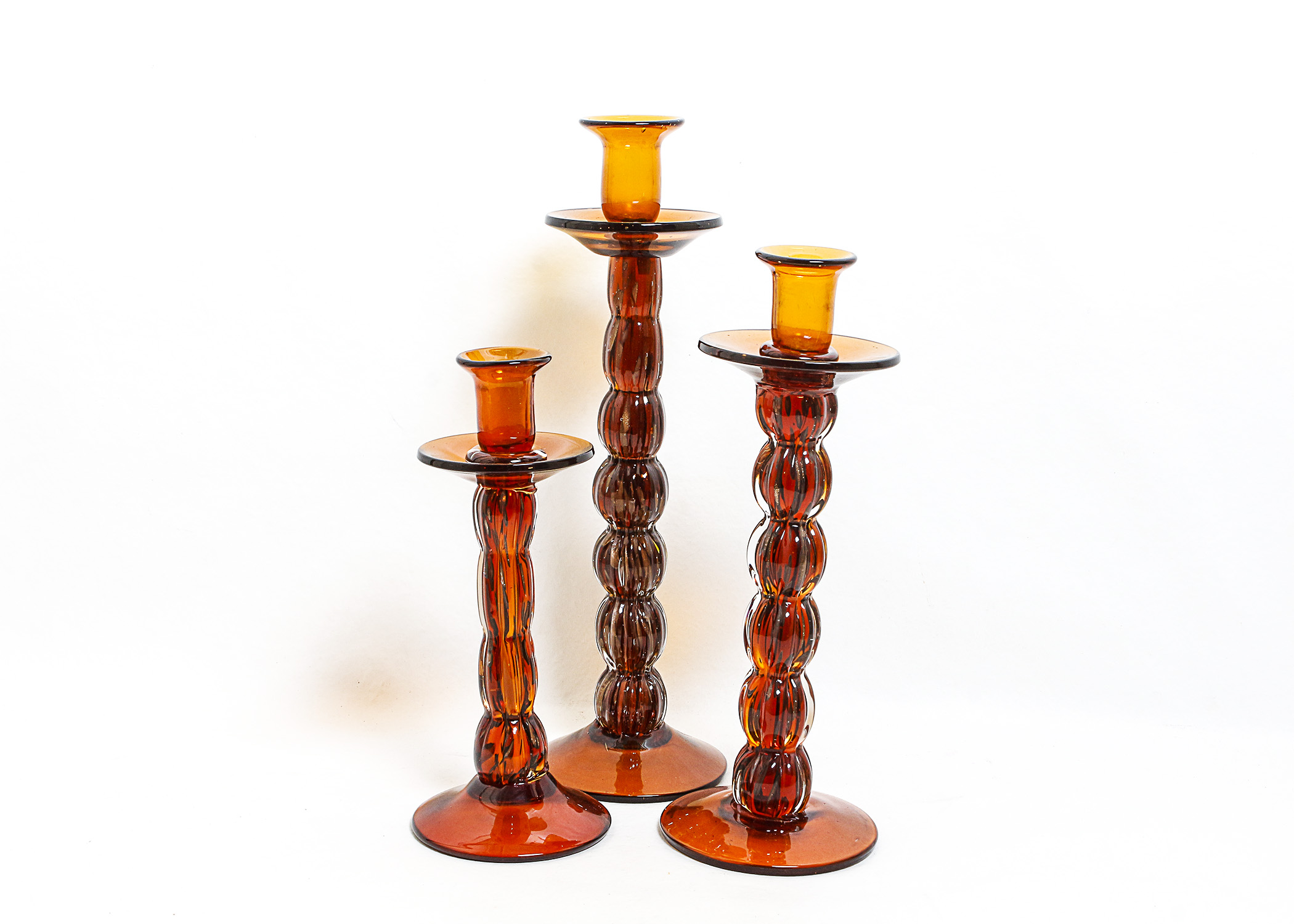 Trio of Amber Glass Candlesticks EBTH