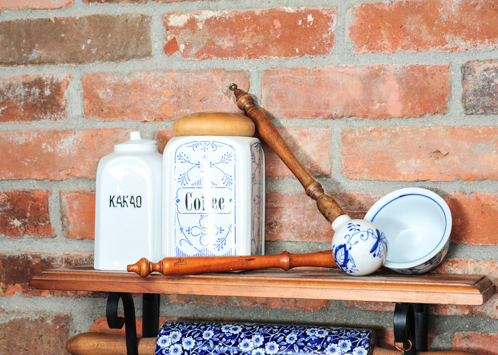 Kitchen Utensil Wood and Wrought Iron Display Rack and Vintage Blue