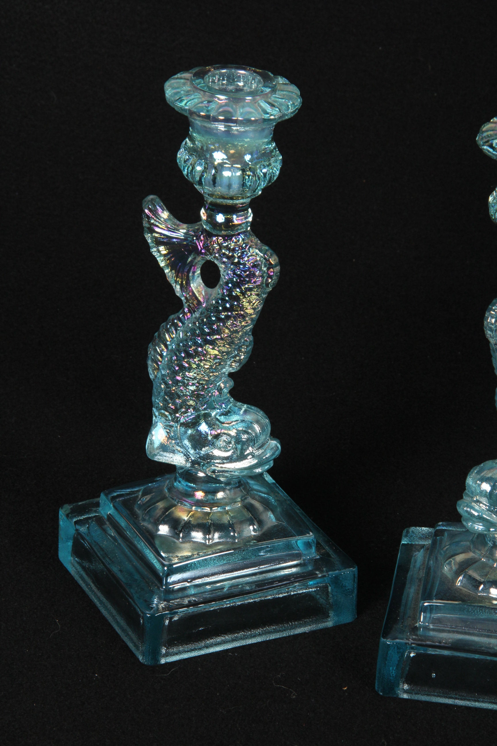 Imperial Carnival Glass Dolphin Candlesticks in Horizon Blue EBTH