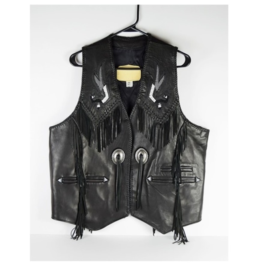 Mens Black Leather Western Vest with Fringe and Bead Work, Size 44 | EBTH