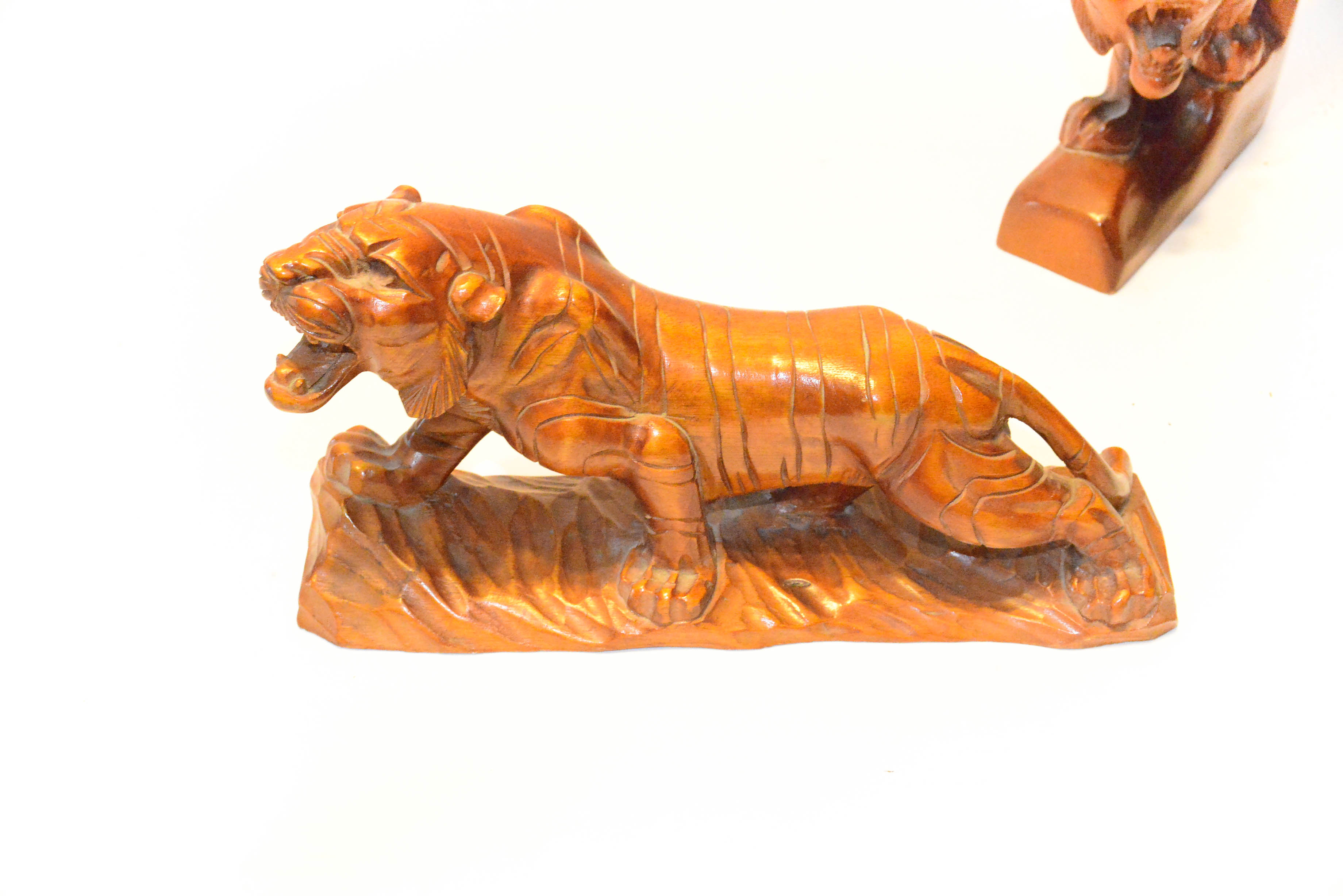 Carved Wooden Tiger Bookends and Statue EBTH