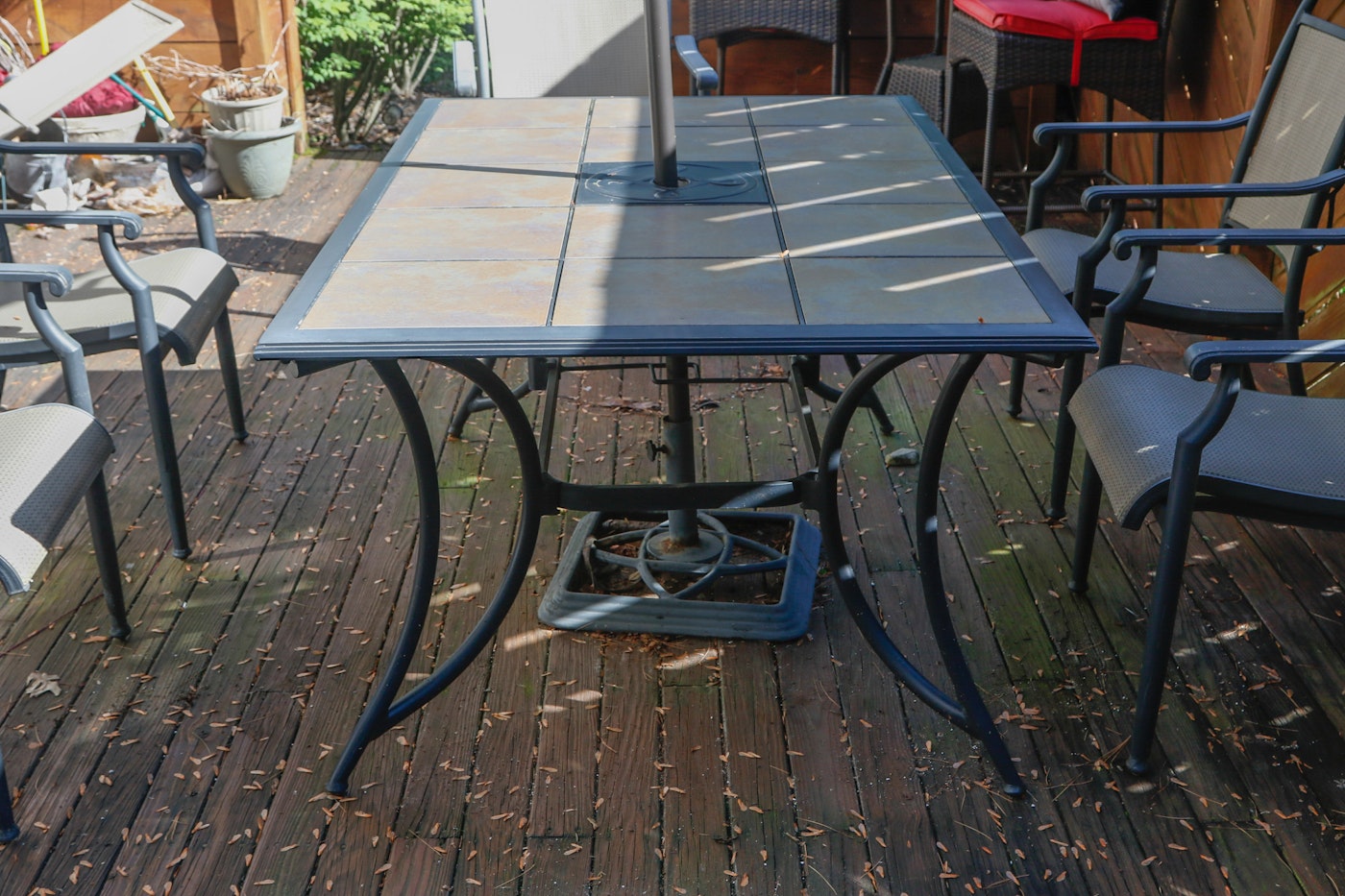 Ceramic Tile Top Patio Dining Table and Chairs with Umbrella | EBTH