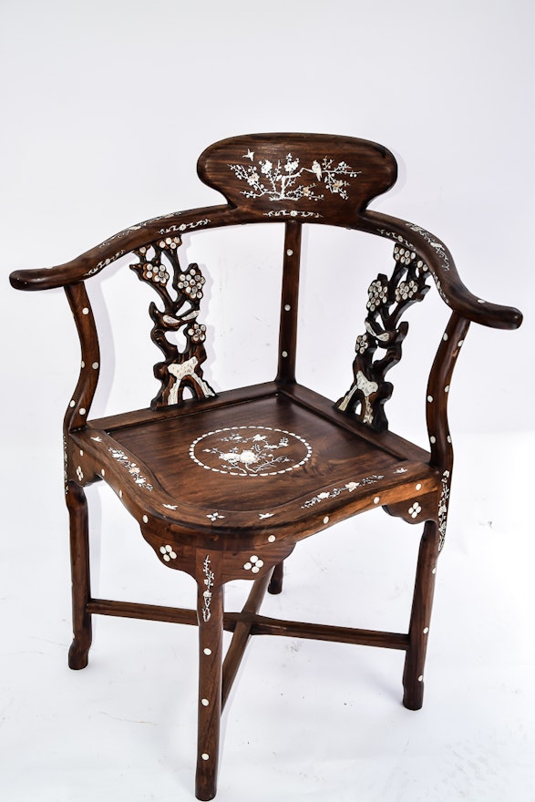 Pair of Antique Chinese Corner Chairs with Mother of Pearl Inlay : EBTH