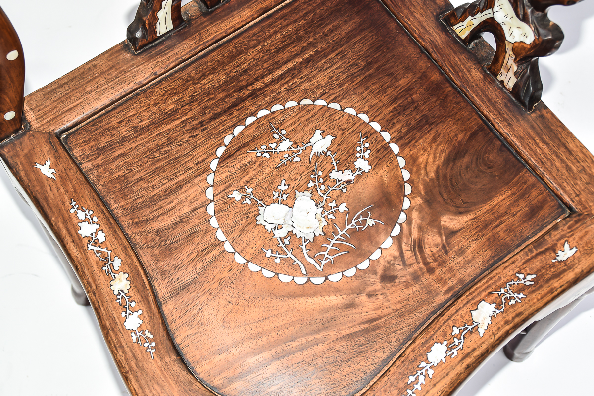 Pair of Antique Chinese Corner Chairs with Mother of Pearl Inlay EBTH