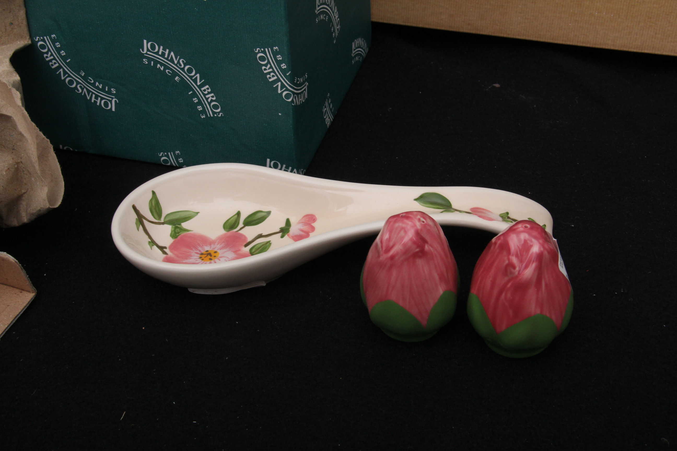 Franciscan Desert Rose Clock, Egg Plate, Spoon Rest and Salt and Pepper