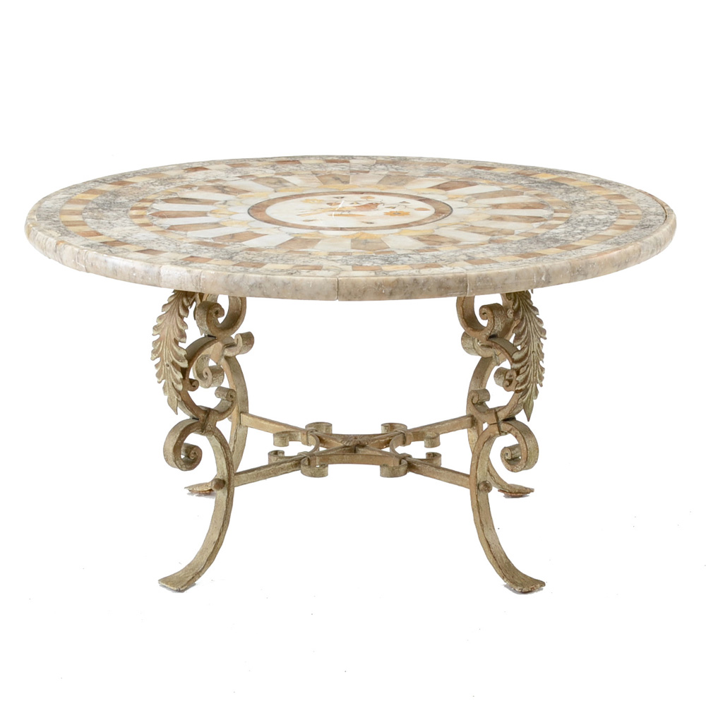 Italian Pietra Dura Style Marble Table Top On Custom Iron Base EBTH