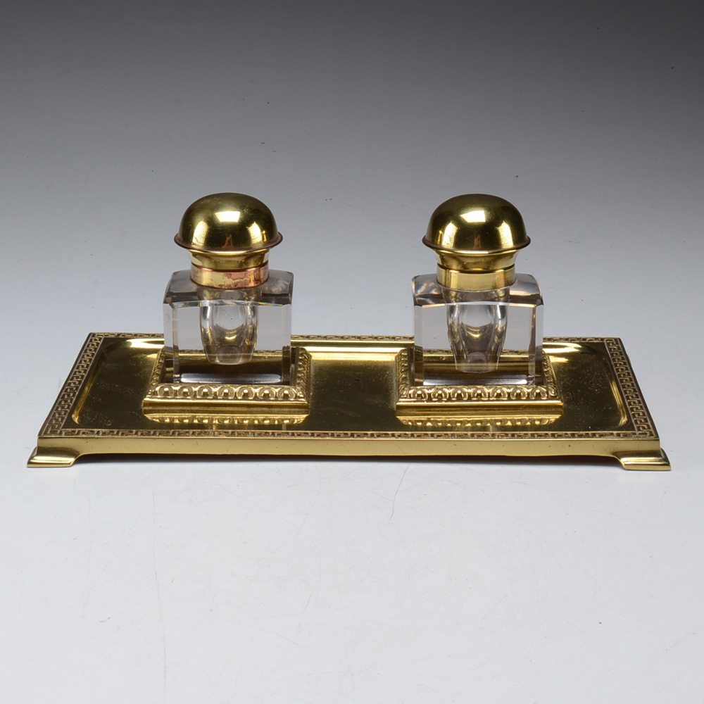 Art Deco Brass and Glass Double Inkwell Set EBTH