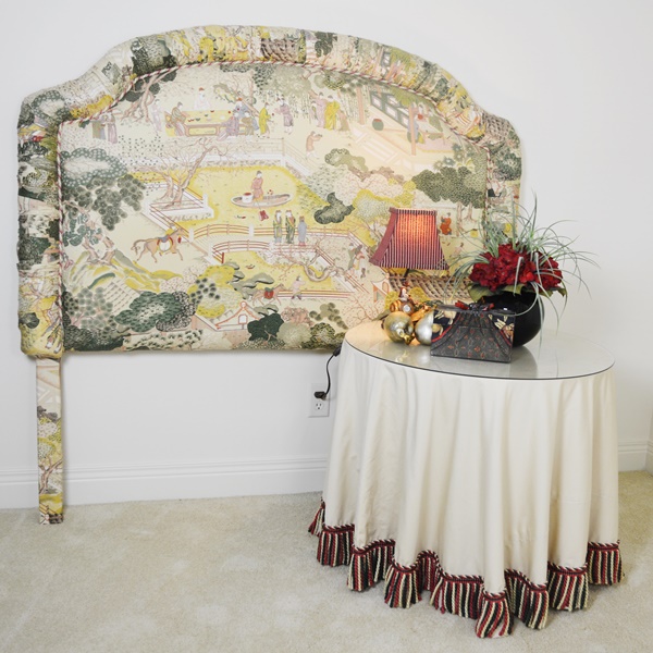 Asian Theme Upholstered Headboard Round Skirted Side Table And Other Decor Ebth