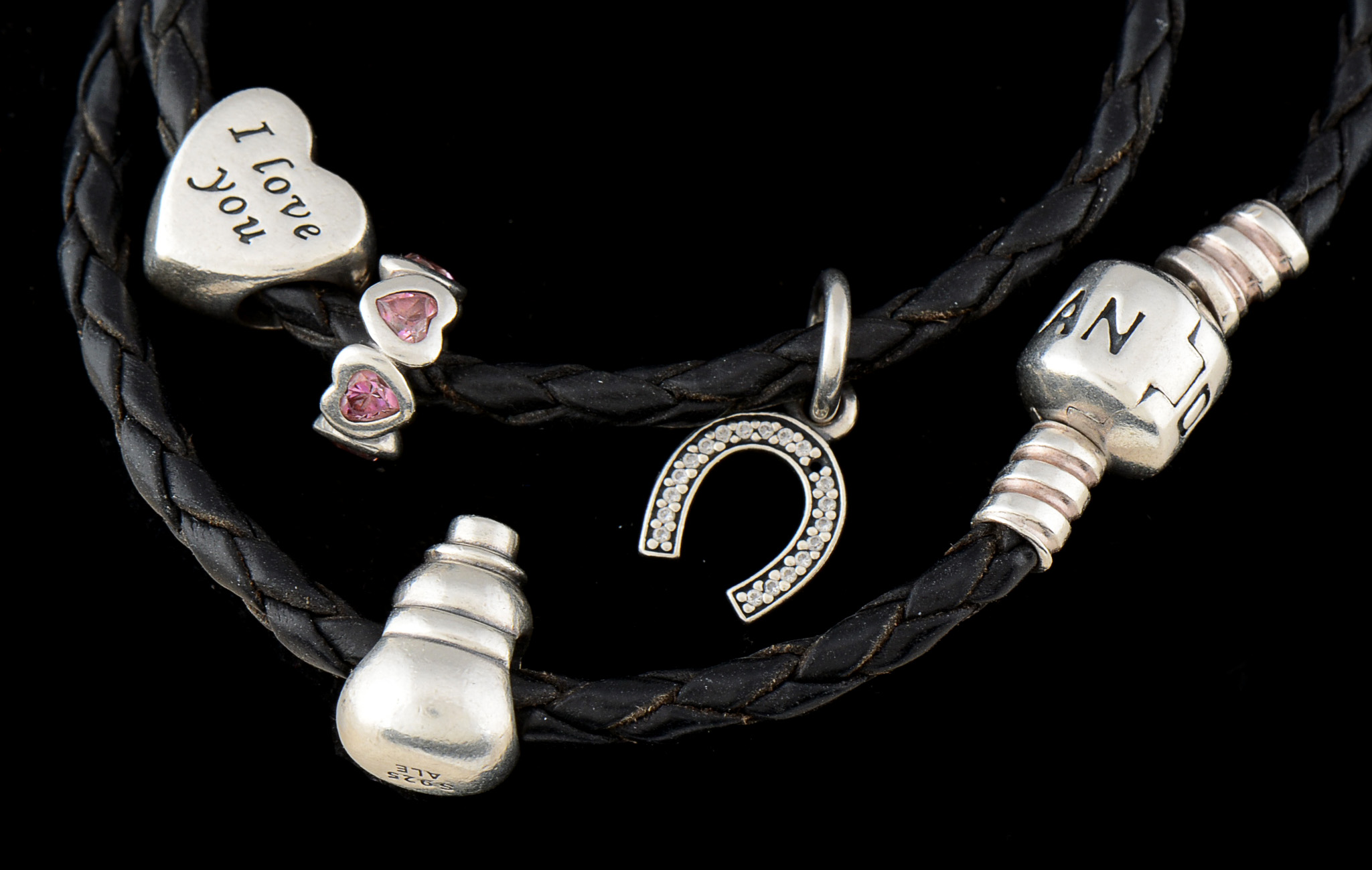 Pandora Sterling Silver Black Rope Cord Necklace with Four Charms EBTH