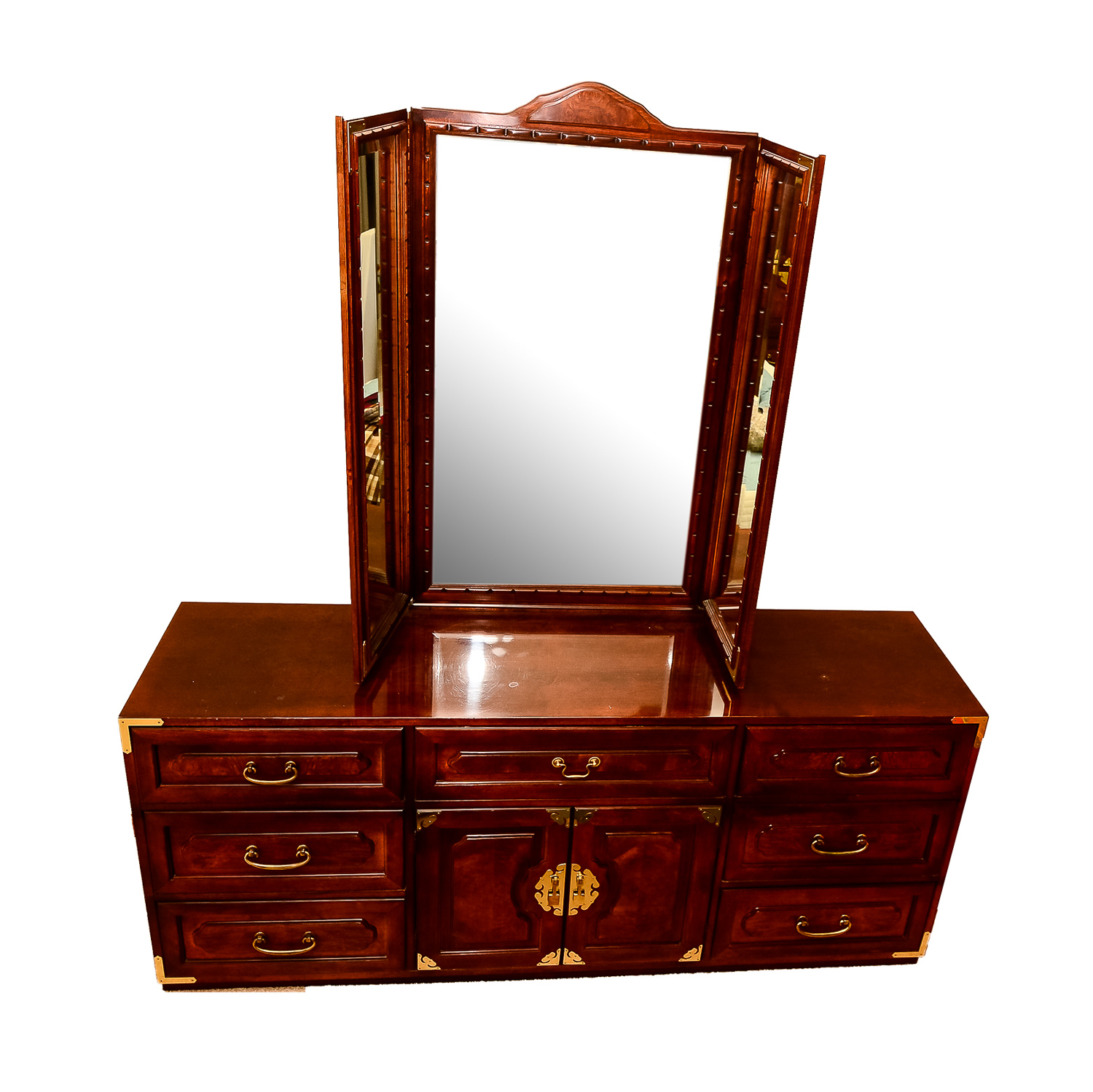 Vintage Bernhardt Asian Style Campaign Dresser With Mirror Ebth